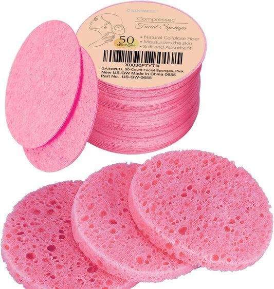 50-Count Natural Compressed Facial Sponges for Daily Cleansing and Exfoliation, Reusable Cosmetic Spa Sponges in Pink