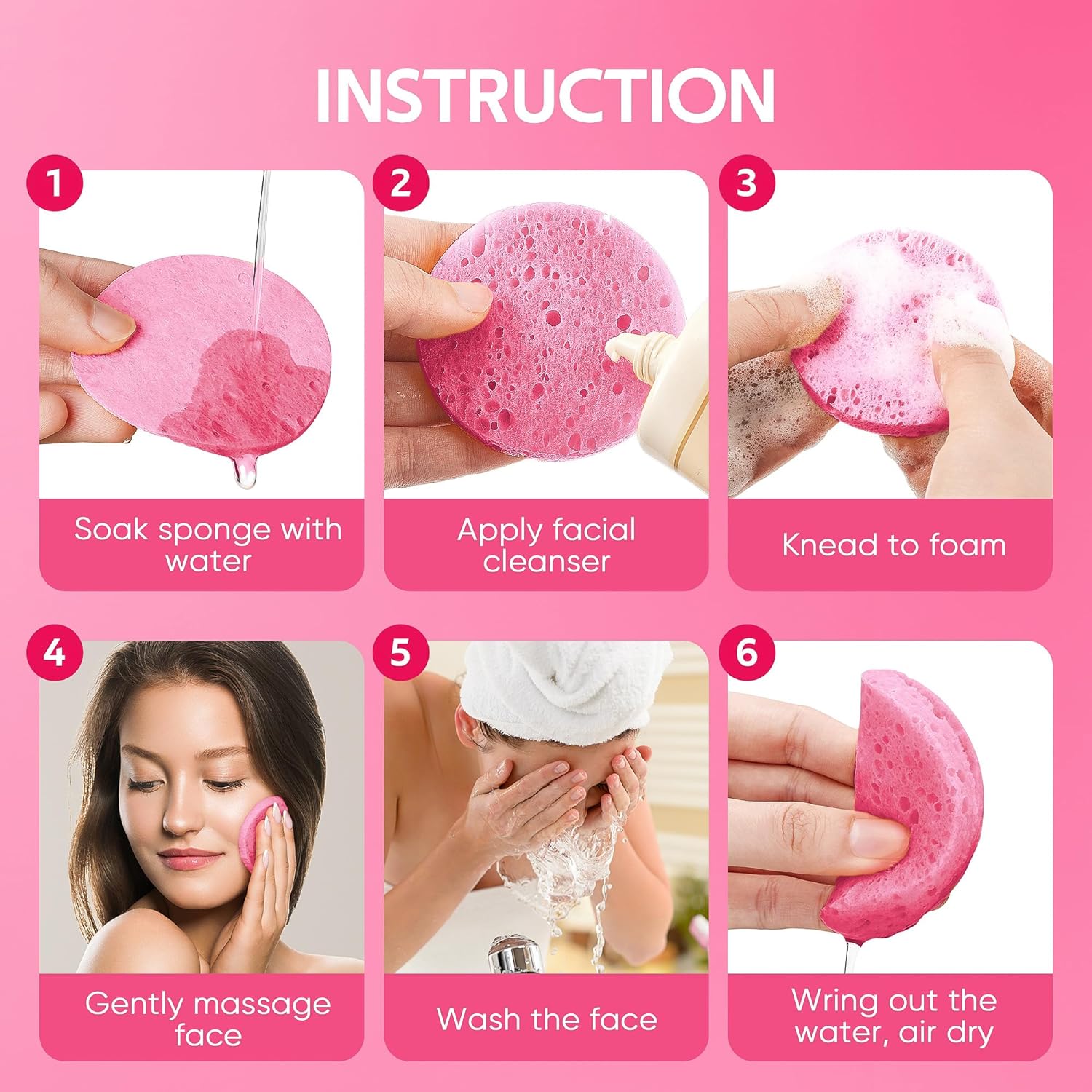 50-Count Natural Compressed Facial Sponges for Daily Cleansing and Exfoliation, Reusable Cosmetic Spa Sponges in Pink